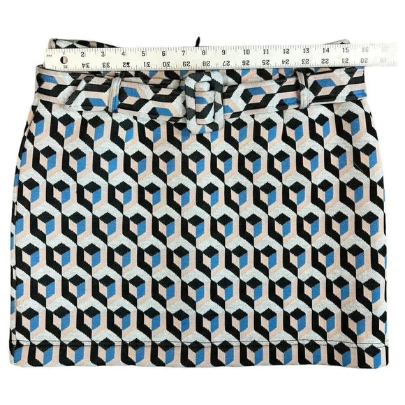 Fate Belted Mini Skirt Geometric Pattern Blue Black Pink Size Large Quilted - Picture 3 of 8